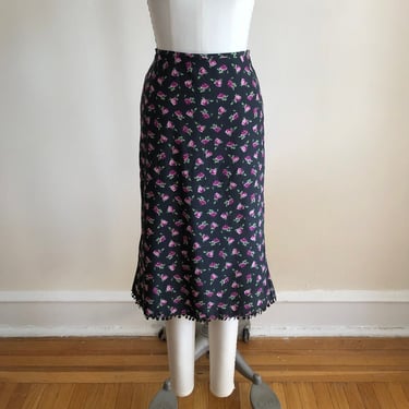 Black and Pink Rose Print Skirt with Sequin Trim - Early 2000s 