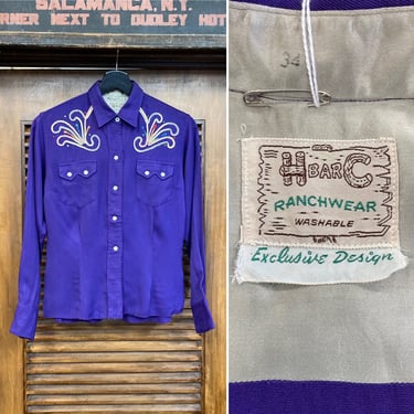 Vintage 1950’s “H Bar C” Purple Gabardine Rodeo Western Cowboy Rockabilly Shirt, 50’s Snap Button Shirt, 50’s Vintage Clothing 