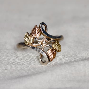 Black Hill's 10K Gold & Sterling Silver With 10K Gold Leaves Size 6 1/2 Triple-Color Yellow Gold Rose Gold Sterling Silver 