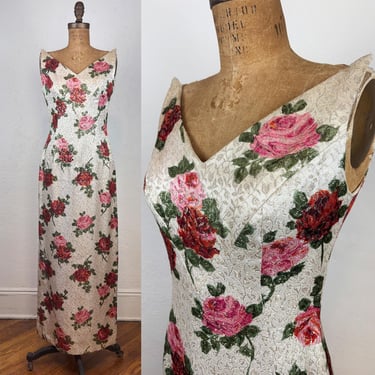 Vintage 60s Evening Gown Maxi Length Sleeveless Dress Roses Gold Lurex Shimmer Floral S 