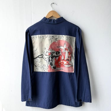 Women's French Chore Jacket - Vintage Koi Carpe Japanese Style -  Indigo Blue - Medium 