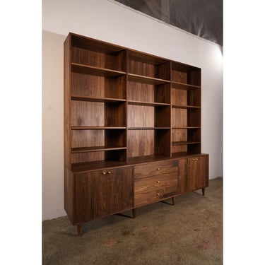 Gilles Hutch, 3 Drawers, Solid Wood Sideboard with Shelves, Mid Century Modern Bookcase, Large Wall Unit (Shown in Walnut) 