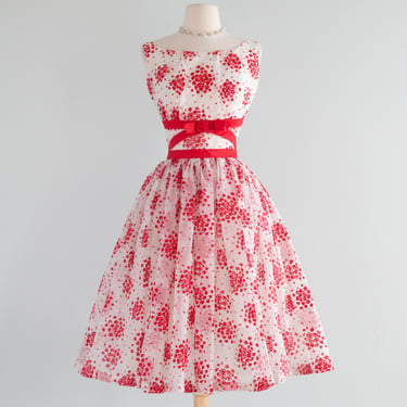 Darling Late 1950's Red Rose Print Cupcake Party Dress / SM