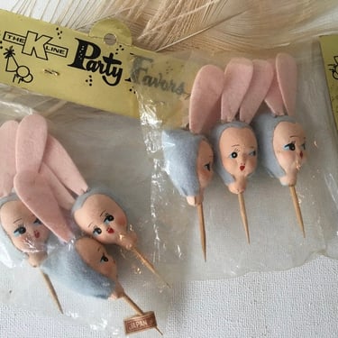 1 Package Kitschy Bunny Picks, Easter Party, Cute Paper Mache Anthropomorphic Rabbit Head, Pink And Blue Bunny Heads, The Kline Party Favors 