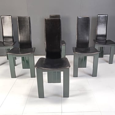 Set of 6 Italian leather and green lacquer dining chairs, 1980s  - Vintage italian dining chairs - lacquered wooden dining chairs 
