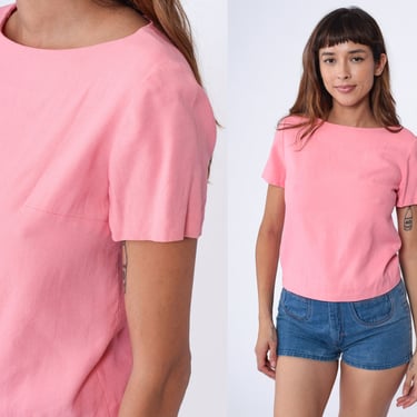 60s Mod Shirt Bubblegum Pink Top 1960s Plain Blouse Vintage Short Sleeve Shirt Basic Top Sixties Jackie O Small S 