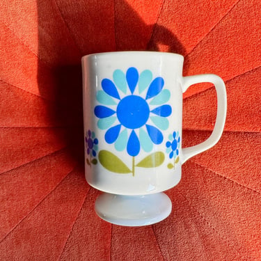 70s Flower Power Coffee Pedestal Mug /Vintage Blue Floral Daisy Mug Retro Flower Power / Blue Flower Tea Cup / MCM Pedestal Daisy Coffee Cup 