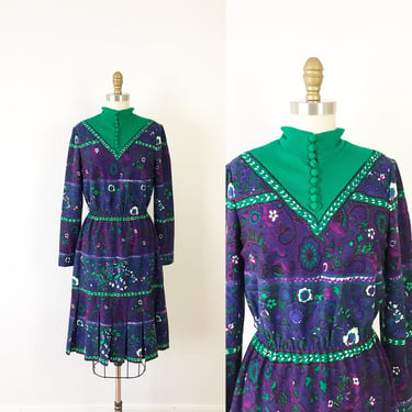 SIZE S 1960s High Neck Purple Long Sleeve Dress / 60s Funky Floral Pleated Skirt Dress / Vintage Shannon Rodgers for Jerry Silverman Dress 