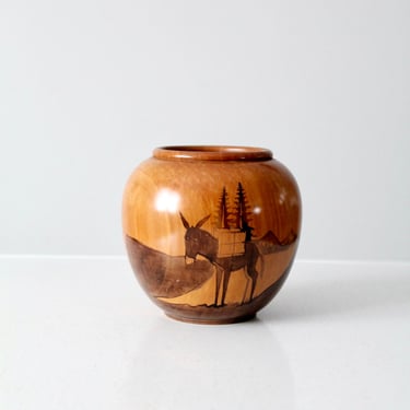 vintage southwestern wood vase with donkey artwork 