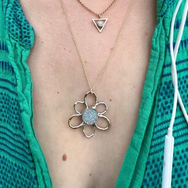 Lazy Daisy Druzy Pendant in 14k goldfill and sterling silver with a white druzy center on 20" 14k goldfillled chain 