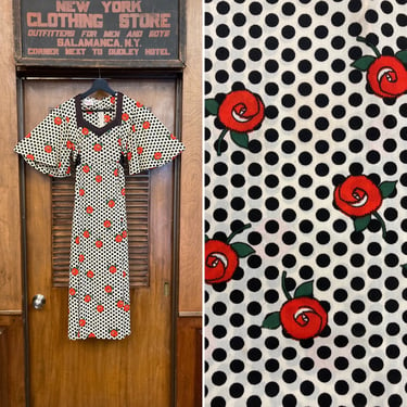 Vintage 1960’s Ossie Style Mod Glam Polka Dot Floral Dress, 1960’s Dress, 1970’s Dress, Mod Dress, Polka Dot, Floral, Flutter Sleeve, 