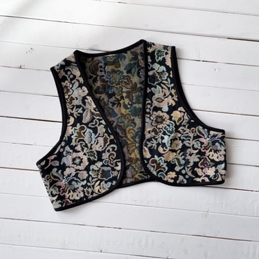tapestry vest 70s 80 vintage black pastel floral short cropped vest 