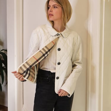 BURBERRY LONDON White Quilted Peter Pan Collar Jacket with Nova Check Print Interior Minimalist Y2K Horse Haymarket 