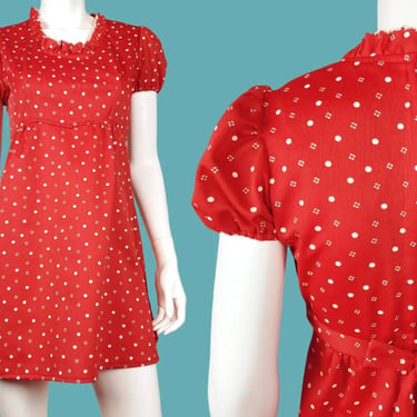 Mini mod babydoll dress. Vintage late 60s early 70s. Handmade, polyester, polka dots, red & white, puff shoulders, ruffles, gogo. (S) 
