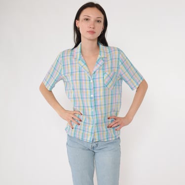 90s Plaid Blouse Pastel Button Up Shirt Vintage Short Sleeve Collared Top Checkered Preppy Casual Summer 1990s Blue Pink Green Medium 