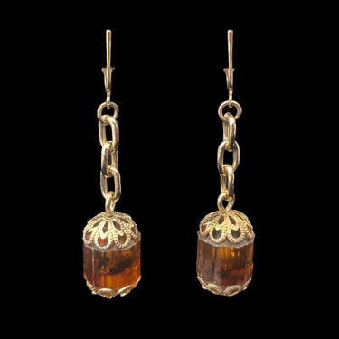 1960s Gold Tone Chain Faux Pierced  Earrings w/ Root Beer Plastic Bead Drop by Sarah Coventry | 60s Vintage Dangle Brown Clip-On Earrings 