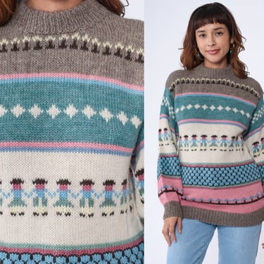 90s Wool Sweater Geometric People Print Striped Knit Pullover Sweater Boho Statement Jumper Mock Neck 1990s Vintage Brown Blue Pink Small 