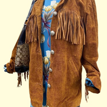 Vintage Suede Fringe Jacket 1980s Retro Size Large + Southwestern + Claassyak + Brown + Button Front + L/S + Womens Fashion + Fall Outerwear 