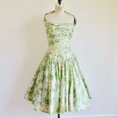 1950's Green and White Floral Print Raw Silk Party Halter Dress Fit and Flare Full Skirt 50's Spring Summer Dresses David Hart 28" Waist S/M 