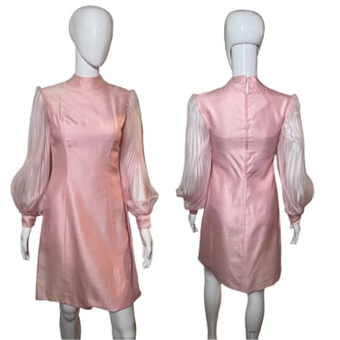 1960's Pink Cocktail Dress with Accordion Pleated Sleeves SizeS