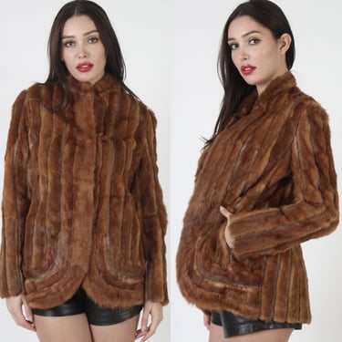 Striped Mink Trench Coat, Mod Geometric Spy Leather Jacket, Vintage 70s Caramel Brown Real Fur Princess Overcoat 