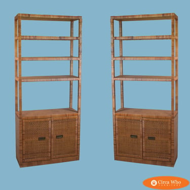 Pair of Woven Rattan Large Etageres