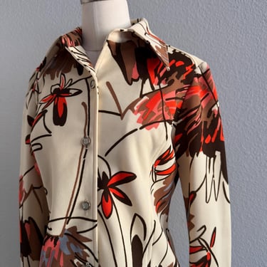 Vintage 60s Psychedelic Long Sleeve Bold Floral Blouse with Neon Print; 70s Unisex Mod Long Sleeve Boxy Blouse Abstract Flowers M L 