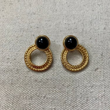 Vintage 80s Gold + Black Enamel Hoop Earrings / Braided Hinged Hoops 