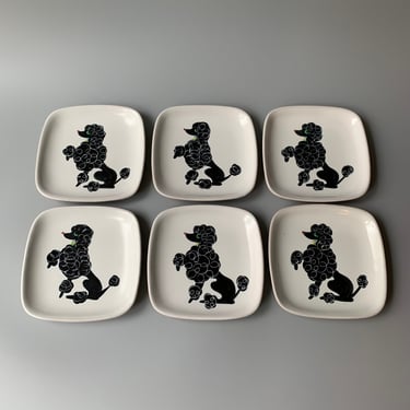 Mid Century Glidden Pottery Chi Chi Black Poodle Bread Appetizer Plates, Set of 6 