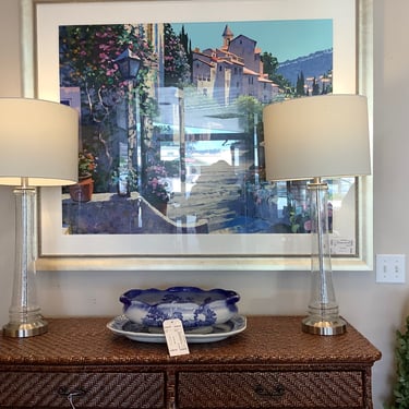 Pair of Flecked Glass Lamps with Silver Base