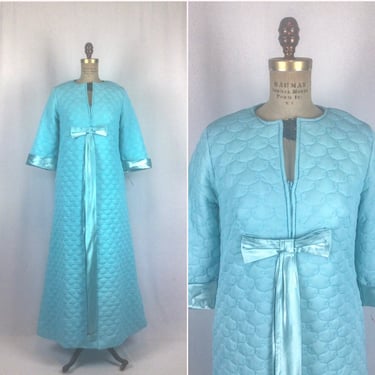 Vintage 60s Robe| Vintage deadstock blue quilted bathrobe | 1960s Basila turquoise lounge house coat 