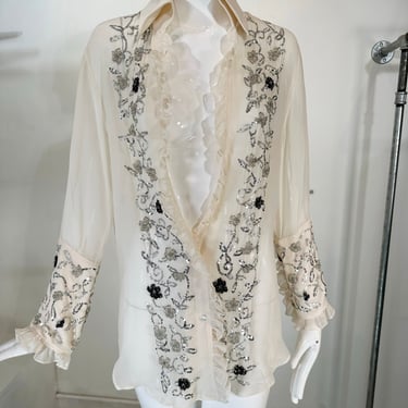 Dolce &amp; Gabbana White Silk Chiffon Plunge Neck Glittery Sequin Blouse 44