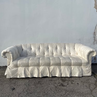 Vintage Tufted Fabric Chesterfield Sofa Couch Loveseat Lounge Seating Settee Rolled Arm Upholstered Elegant Formal Living Hollywood Regency 