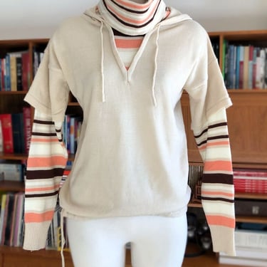 1970s HOODIE Sweater Layered Turtleneck, RARE, Hippie Boho 70's Vintage Pullover Knit Long Sleeves Stripes 