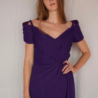 Purple Fortuny Pleated Dress / Eighties Off Shoulder Plisse Pleated Gown / Cocktail Dress / Formal Event Dress / Wedding Guest Dress 