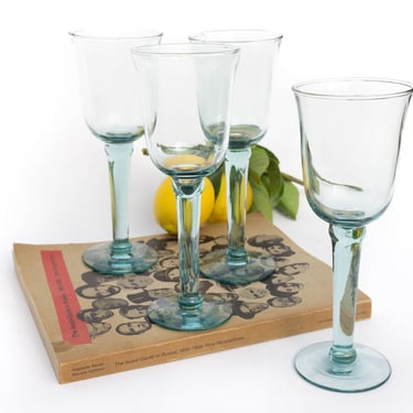 Set of 4 Teal/Aqua/Blue Stemmed Glasses, Retro Wine Glasses, Water Goblets, Vintage Glassware 
