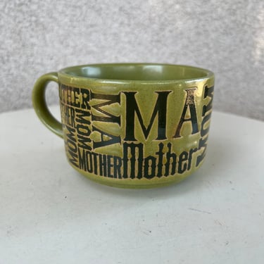 Vintage large olive green ceramic mug MA Mom theme holds 10 oz 