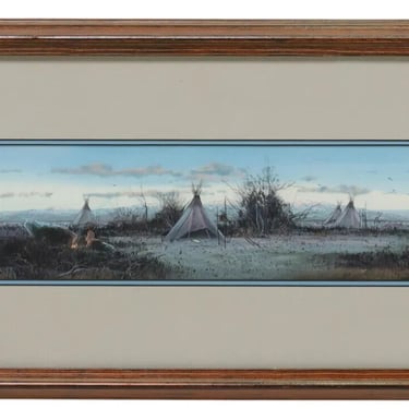 Painting, Guy Rowbury, Gouache, Native American Camp, "Winter Campfire", 20th C