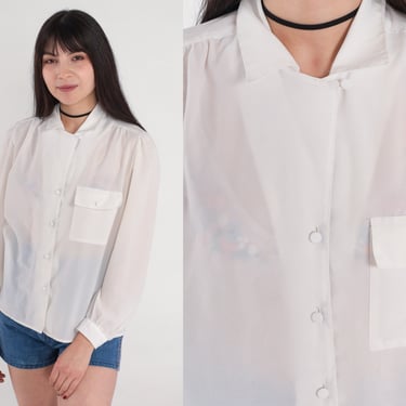 White Pleated Blouse 80s Secretary Top Long Puff Sleeve Collared Shirt Retro Semi-Sheer Button Up Chic Chest Pocket Vintage 1980s Medium M 