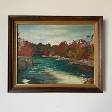 70's Mrs. C.A. Kercher Dayton, Ohio Vintage Autumn River Landscape Painting, Framed 