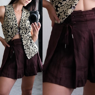 Vintage 80s Claude Montana Linen Burgundy Plum Lace Up High Waist Shorts W/ Pleats | Made in Italy | 1980s French Designer Power Shorts 