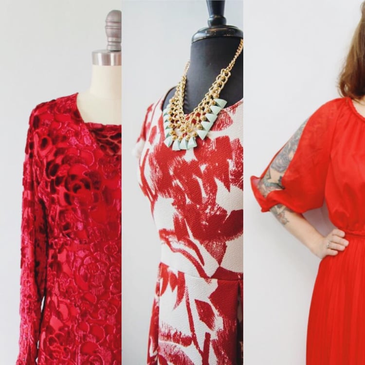 Lineup of red vintage and new dresses