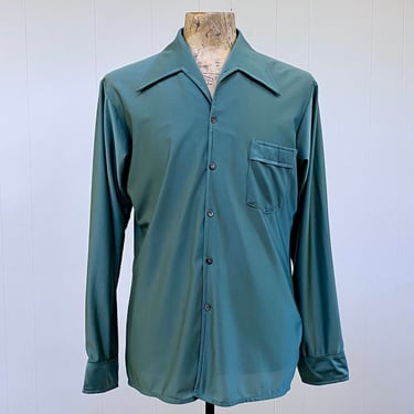 Vintage 1970s Men's Green Qiana Disco Shirt, 70s Van Heusen Slinky Nylon Dress Shirt, X-Large 46" Chest 