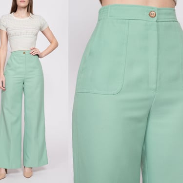 70s Mint Green Flared High Waisted Pants - Small to Medium | Vintage Wide Leg Boho Polyester Trousers 