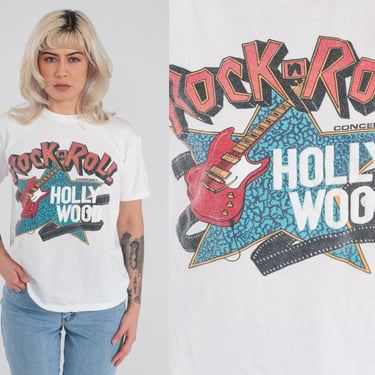 Rock n Roll Shirt 90s Hollywood T-Shirt Music Guitar Graphic Concert Tee Los Angeles Rocker TShirt California White Vintage 1990s Medium M 