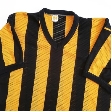 vintage striped shirt / 70s jersey / 1970s Russell Athletic yellow and black striped v neck mesh jersey Medium 