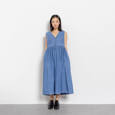DENIM BABYDOLL DRESS Sundress 90's Midi Cotton Dress Sleeveless Summer / Small 
