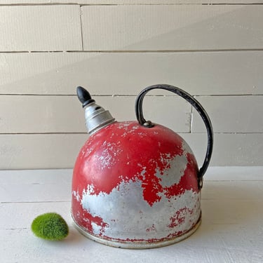Vintage Aluminum Whistling Red Tea Kettle // Red Tea Pot, Tea Pot Collector // Perfect Gift 