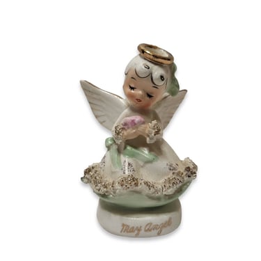 Vintage May Angel Figurine, Napco Japan Birthday Month Ceramic Girl, Mid Century Modern, Angel Wings & Gold Halo, Vintage Home Decor 
