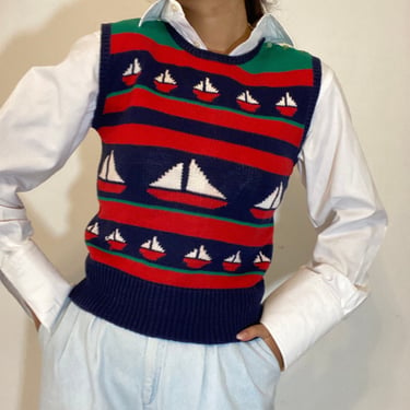 70s sailboat sweater vest / vintage cotton knit scenic nautical sailing sleeveless sweater vest | Small 